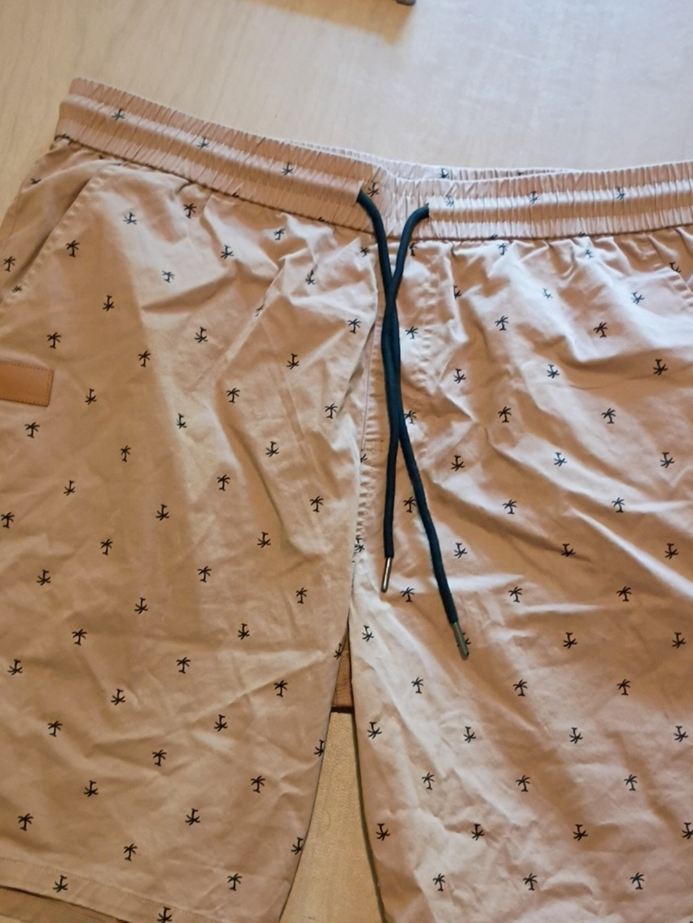 Light Pink Palm-Print Hybrid Swim Shorts with Navy Drawstring